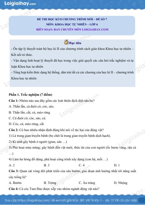Đề thi học kì 2 KHTN 6 Kết nối tri thức - Đề số 7